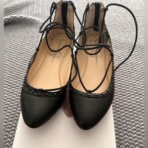 Jessica Simpson Black Pointed-Toe Lace-Up Stud Flats